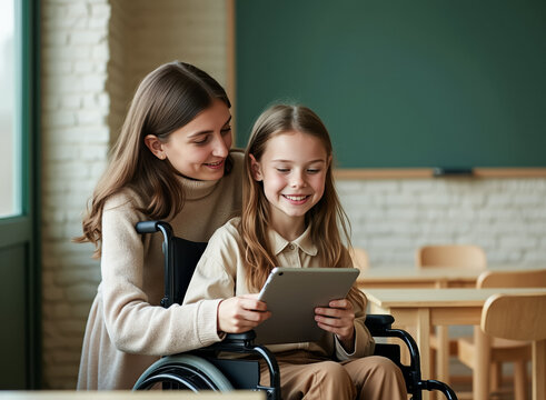 smiling young woman and girl using a tablet in a classroom
