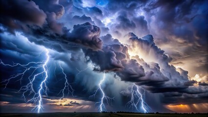 Obraz premium Dark storm clouds gathering in the sky with flashes of lightning and rumbles of thunder, creating a dramatic and ominous atmosphere , thunder rumble, darkening horizon
