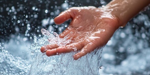 Fototapeta premium Water splashes over a hand reaching out, capturing the beauty and movement of nature in a moment of interaction