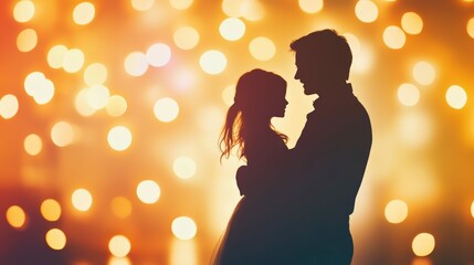 An abstract image of a father and daughter silhouettes dancing in a warmly lit room, with blurred string lights in the background