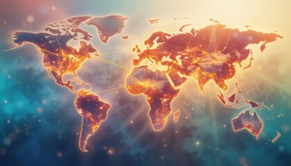 Angled view vibrant abstract world map with golden bridges