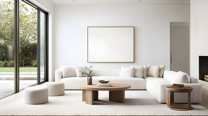A modern, minimalist living room featuring a large white sofa, wooden coffee table, and large windows that provide natural light.