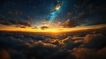 Fototapeta premium A dreamy landscape featuring clouds, sky, and a starry night