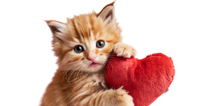 Adorable Kitten Cuddling a Plush Heart on Pink Background