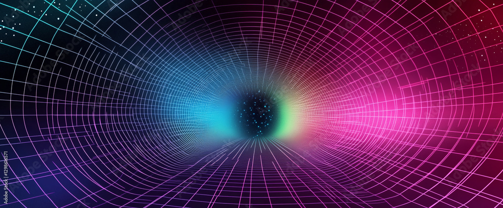 Poster Abstract futuristic 3D wireframe grid with glowing neon colors, representing virtual reality, technology, and digital space with a tunnel-like perspective.