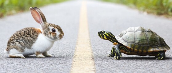 Obraz premium Rabbit and Turtle Facing Each Other on a Road