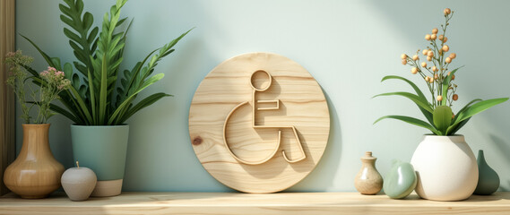 wooden accessibility symbol sign on shelf with potted plants