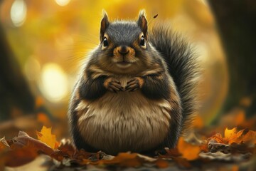 Fat Squirrel Guarding with Long Hair. An Overfed Autumn Rodent in Black and Brown