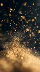 Golden particles swirl in a mesmerizing display of beauty and motion in the dark, selective focus
