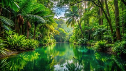 Obraz premium Dense foliage and tall trees surround a serene pond in the heart of the jungle