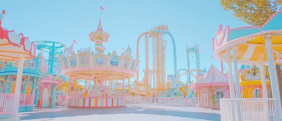 Pastel-Colored Carousel and Amusement Park Attractions