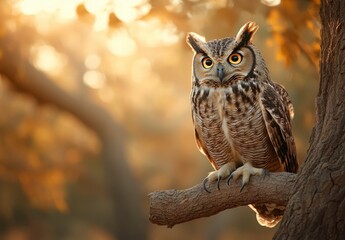 Obraz premium Captivating Owl Perched on a Tree Branch in Autumnal Background