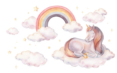 Hand drawn watercolor illustration of the Unicorn sitting on clouds. Cute violet pink horse with stars and rainbow for Baby shower invitations or wall art. Pastel Fantasy pony.