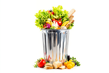 Fresh vegetables and bread overflowing from a shiny metal trash can on a white background. Copy space for text.
