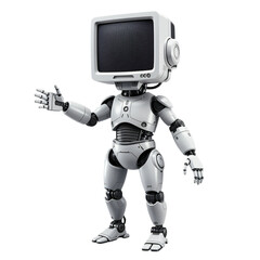 A stylized, white robot with a retro-style television screen head is shown from the midsection upwards, standing and presenting, its arm extended forward