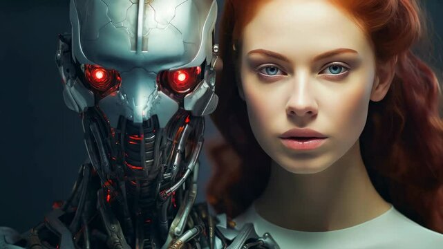 Portrait of a woman symbolically turning into virtual human, virtual character, or digital clone, using computer-generated from the real persona. AI artificial intelligence.