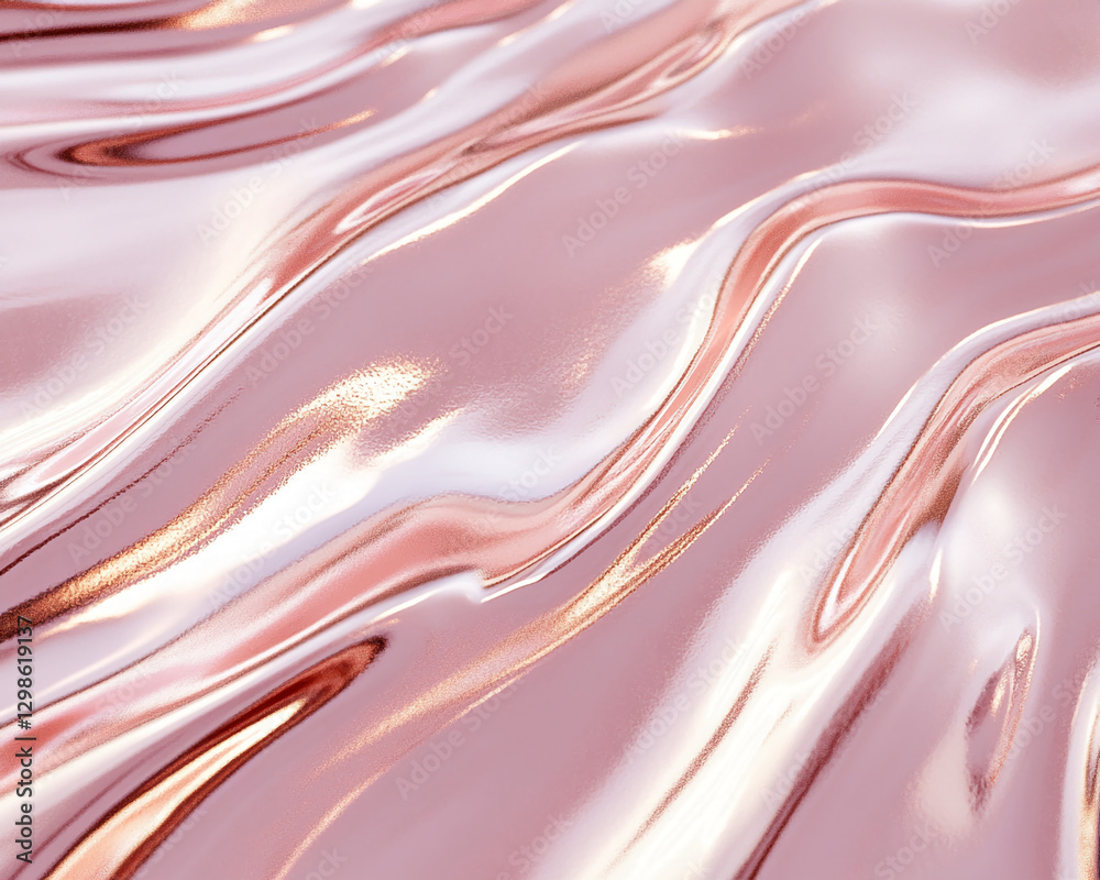 Poster close-up of soft rose gold liquid flowing in waves, showcasing smooth, shiny texture with reflection