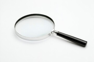 magnifying glass isolated on the left side of the page, with white space around all sides of the illustration, black handle and magnification glass,