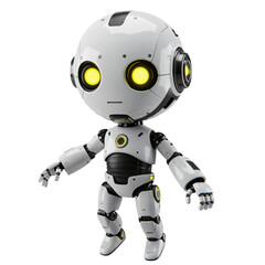 A charming, stylized robot figure with a friendly expression is depicted against a transparent background