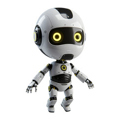 A charming, 3D rendered robot, presented in a modern design with white and black coloring