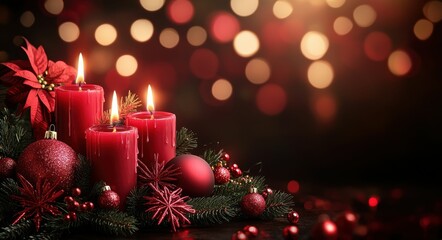 First Sunday of Advent. Rose Red Bokeh Lights with Candles on Black Background. Advent Celebration