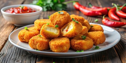 Fototapeta premium Fried chili cheese nuggets on a plate, comfort food, , comfort food,plate, hot, spicy,cheese, savory, cheesy, snack