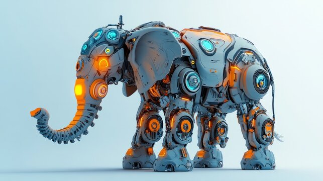 A robotic elephant with mechanical limbs and a glowing trunk, standing on a light blue background - Powered by Adobe