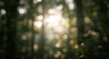 Naklejka premium Sunlit Forest: A blurred image of the sun shining through a dense forest, creating a bokeh effect and a soft, ethereal atmosphere.