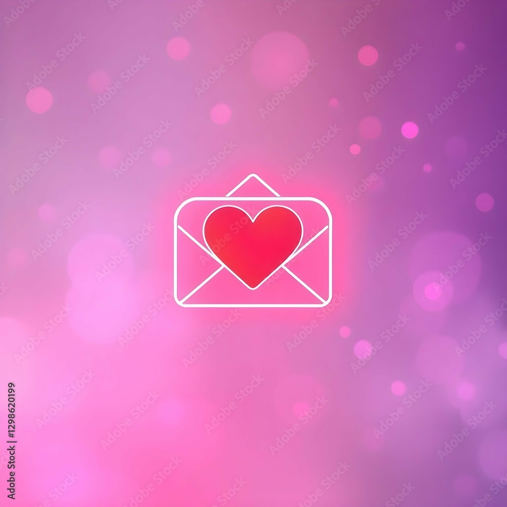 Fototapete A digital love letter with a glowing heart in an envelope, set against a soft pink background with binary code elements