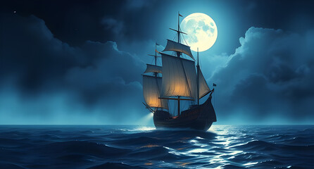 a sailboat sailing on the sea nights bright moonlight atmosphere 