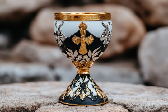 A golden chalice filled with wine stands on a stone surface, symbolizing faith and spiritual unity in Christian traditions, particularly during Holy Communion