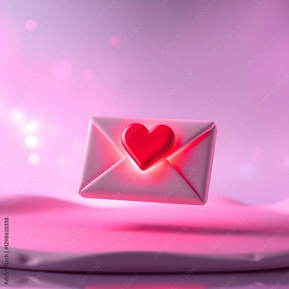 Fototapete A digital love letter with a glowing heart in an envelope, set against a soft pink background with binary code elements