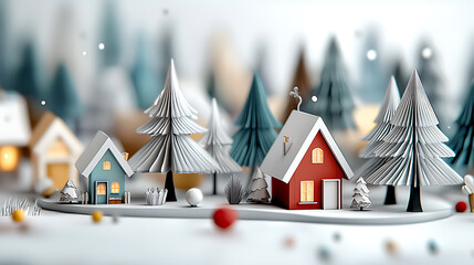 Fototapeta premium Festive winter scene cozy village paper craft snowy landscape close-up view whimsical art