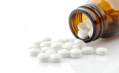 Spilled Amber Pill Bottle with White Tablets on White Background