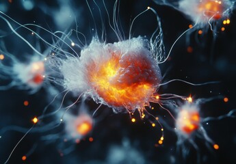 Obraz premium Abstract depiction of glowing cellular structures with dynamic tendrils and vibrant colors representing life, energy, and microscopic phenomena