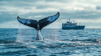 Humpback Whale Tail breaching the surface of blue ocean near a whale spotting ship Whales Watching Tour