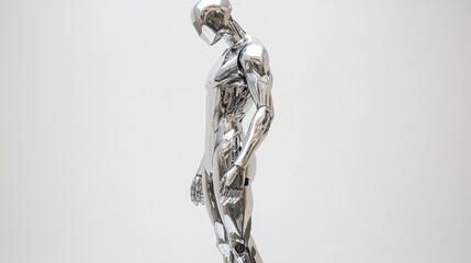 A sleek humanoid robot with metallic silver plating standing against a white background 