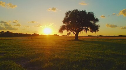 Florida Ranch. South Florida Ranchland Landscape at Sunset with Tree and Sun in the Sky