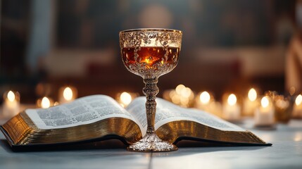 A golden chalice brimming with wine rests on an open Bible, surrounded by flickering candles, representing the sacredness of Holy Communion and faith in Jesus' sacrifice