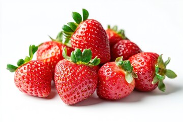 A bunch of strawberries on a white background, front view, with soft lighting and a macro lens.