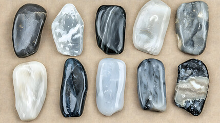 Polished Stones in Harmony: A collection of various stones with smooth and reflective surfaces is arranged on a beige backdrop.