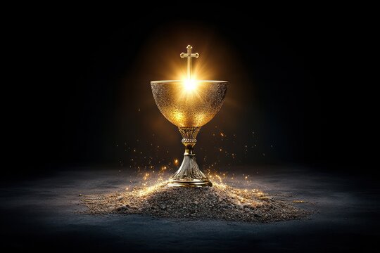 This golden chalice filled with wine radiates light amidst darkness, representing the Eucharist, spiritual unity, and the sacrifice of Jesus in Christian rituals