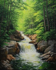 Fototapeta premium Flume Gorge White Mountain Franconia Lincoln NH: Serene Waterfall in Lush Green Forest Landscape