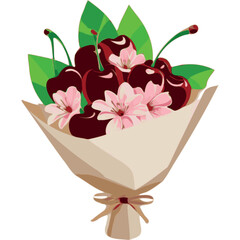 A bouquet wrapped in light beige paper, filled with deep cherry red cherries, pink flowers, and green leaves