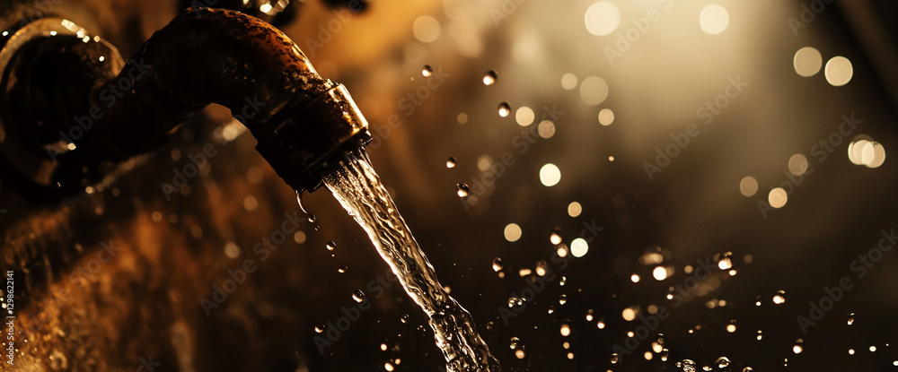 Poster close-up of water flowing from a rusty faucet, with droplets sparkling in the light, representing wa