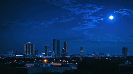 Fort Worth Texas Skyline: Illuminated Cityscape at Night with Dusk Blue Sky