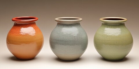 Colorful ceramic pots displayed on a neutral background showcasing handmade craftsmanship and unique designs