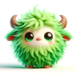 Obraz premium A fluffy, green, cartoon-like goat with large, glossy eyes, tiny ears, and curved horns. It has a soft, woolly texture and an adorable expression