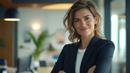 Fototapeta premium Professional businesswoman smiling in modern office environment png image for corporate branding