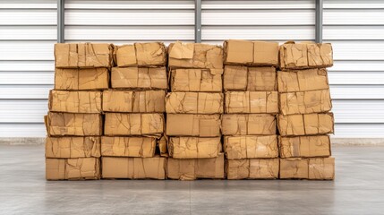 Obraz premium Large, compressed bales of recycled cardboard stacked in an open warehouse, with torn edges 